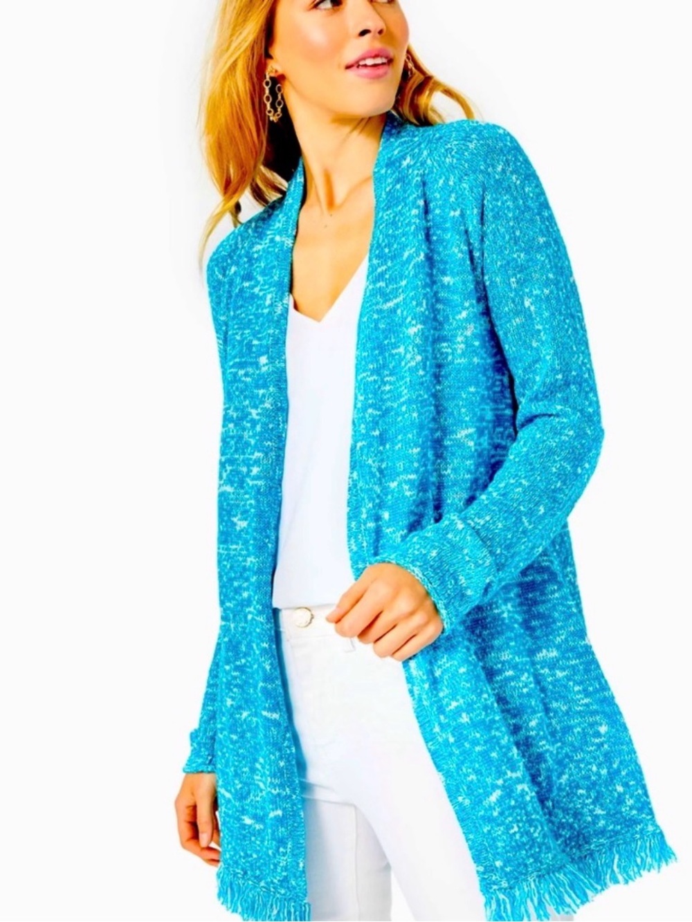 Lilly Pulitzer Blue and White Merle Fringe Cardigan
